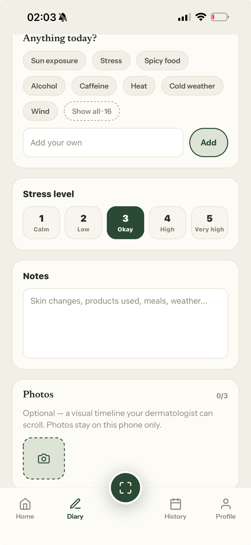 Diary details with triggers, stress, notes and on-device photos