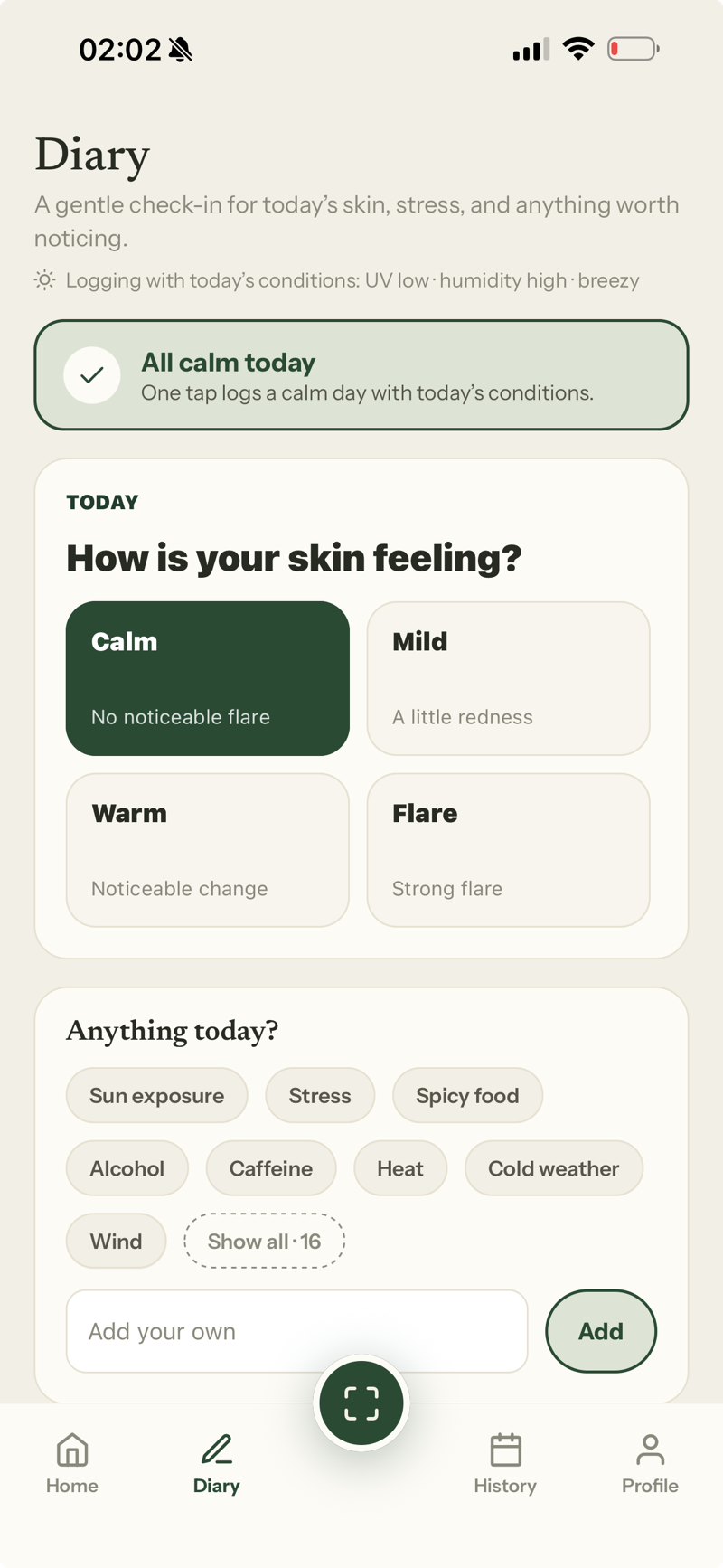 Diary screen with one-tap calm day logging and skin state options